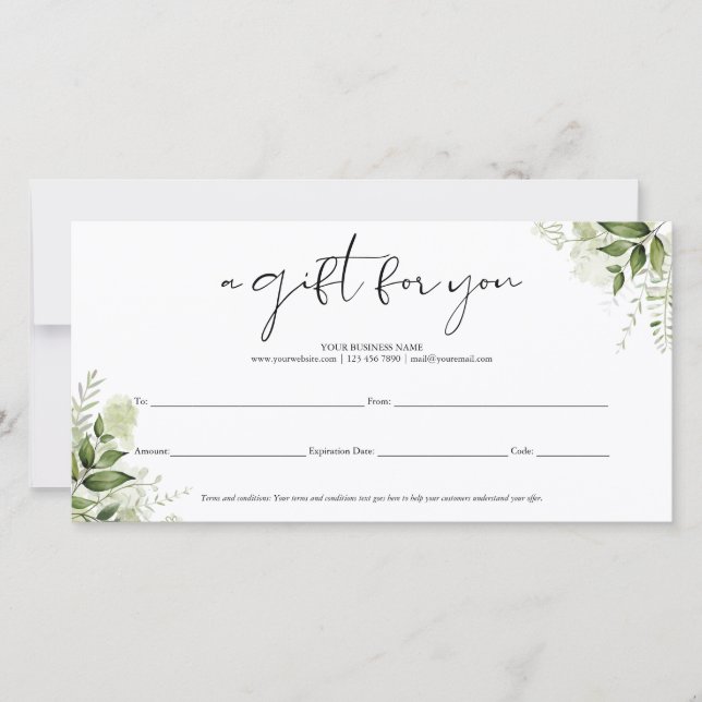 Certificat Cadeau Script Élégant Floral de Verdure (Devant)