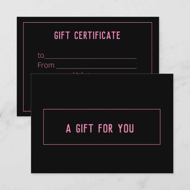Certificat cadeau simple moderne noir et rose (Devant / Derrière)