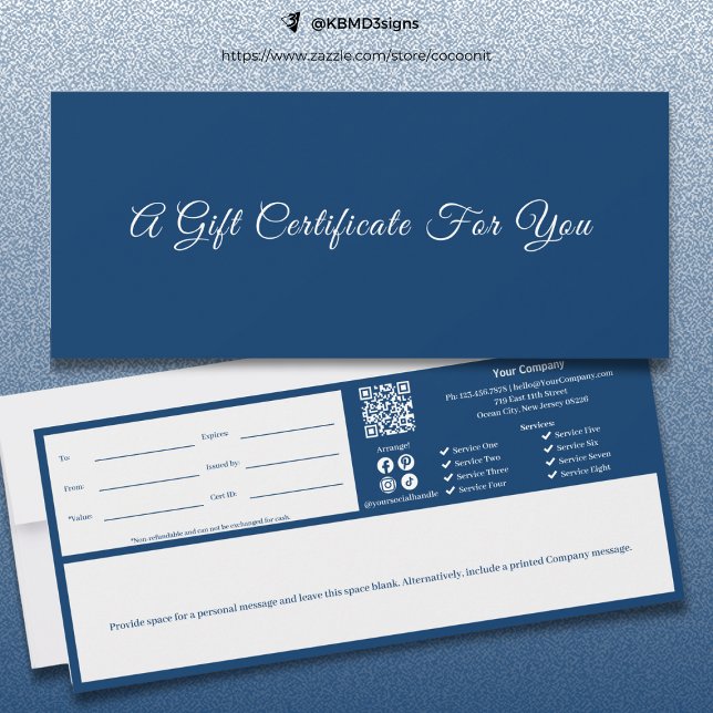 Certificat cadeau Sophisticated Blue White Script (Sophisticated Blue White Script Gift Certificate)