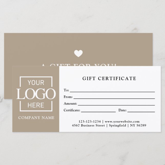 Certificat Cadeau Taupe Simple Moderne pour Entrep (Devant / Derrière)