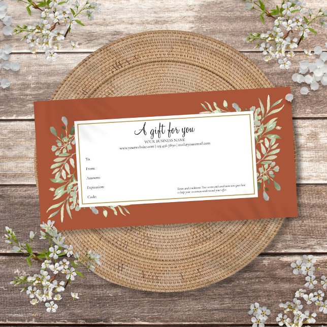 Certificat Cadeau Terracotta Végétal Or Entreprise (Terracotta Greenery Gold Business Gift Certificate)