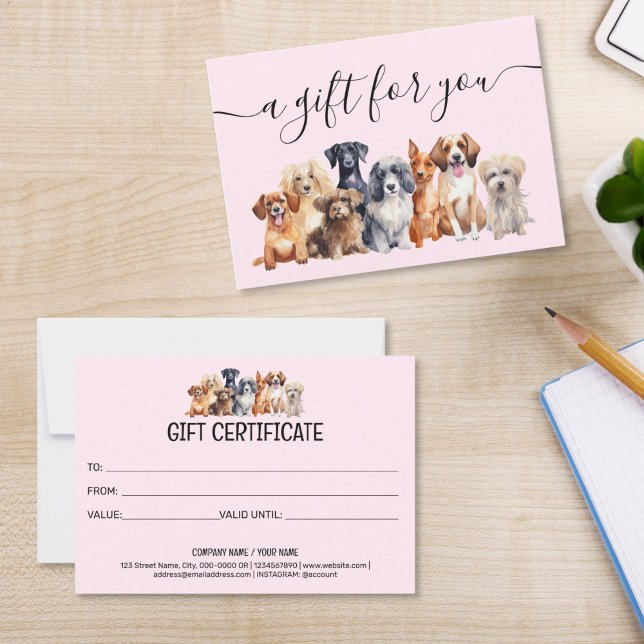 Certificat Cadeau Toilettage de Chien Garde d'Anim (cute watercolor dogs puppies on the blush pink background, gift certificate for groomers pet sitting)