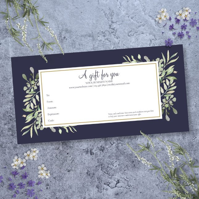 Certificat Cadeau Vert Navy Entreprise (Greenery Navy Blue Business Gift Certificate)