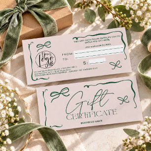Certificat Cadeau Vert Sauge Rose Foncé Ruban