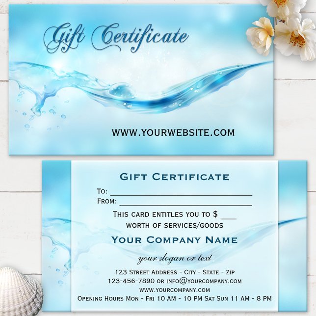 Certificat Cadeau Water Splash Spa (Elegant blue turquoise water splash gift certificate with subtle sparkling bokeh effects)