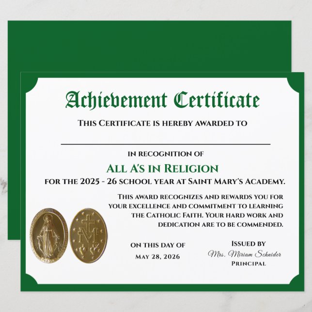 Certificat d'accomplissement personnalisable (Devant / Derrière)