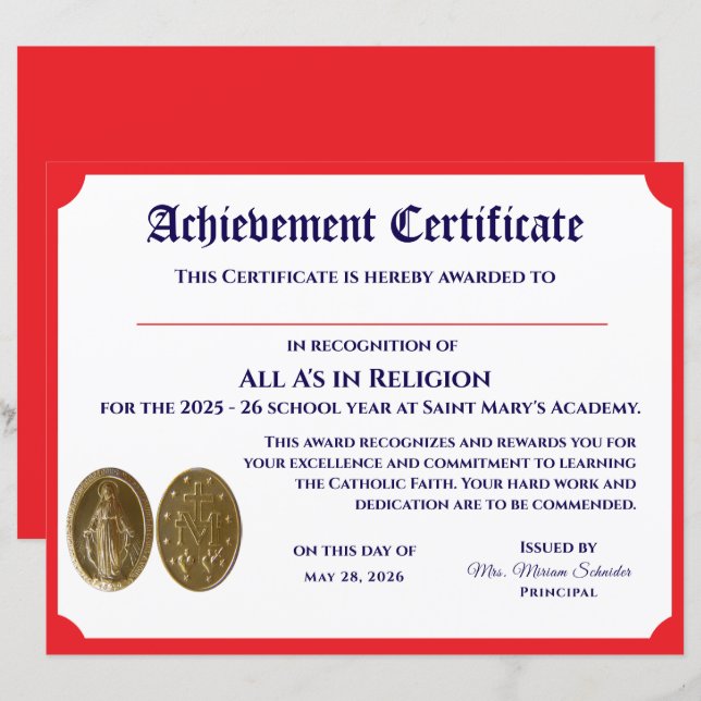 Certificat d'accomplissement personnalisable (Devant / Derrière)