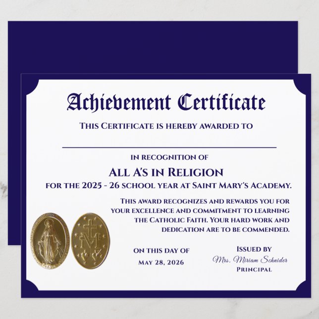 Certificat d'accomplissement personnalisable (Devant / Derrière)