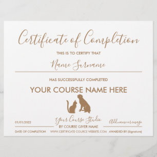 certificat d'achèvement animal de compagnie chat c