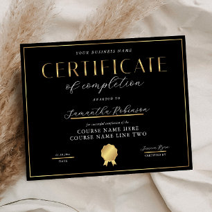 Certificat d'achèvement Badge Noir et Or Récompens