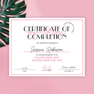 Certificat d'achèvement Beauté Lashes Pink Award