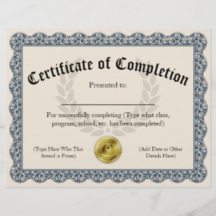 Certificat d'achèvement Blue personnalisable 8,5 x
