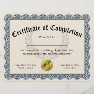 Certificat d'achèvement Blue personnalisable 8,5 x