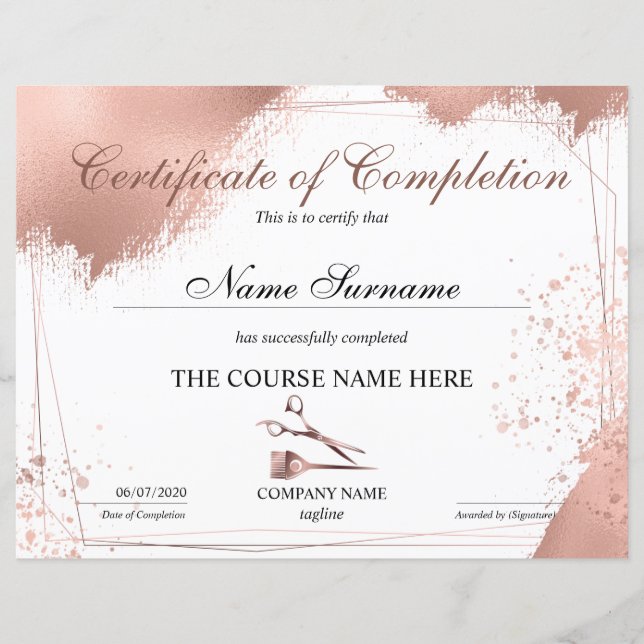 Certificat d'achèvement Cours de coiffure styliste (Devant)