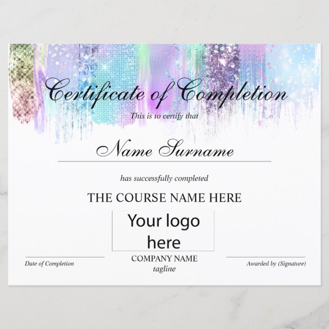 Certificat d'achèvement de cours de récompense (Devant)