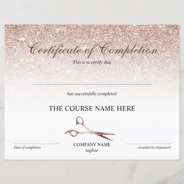 Certificat d'achèvement de la liste de coiffure (Devant)