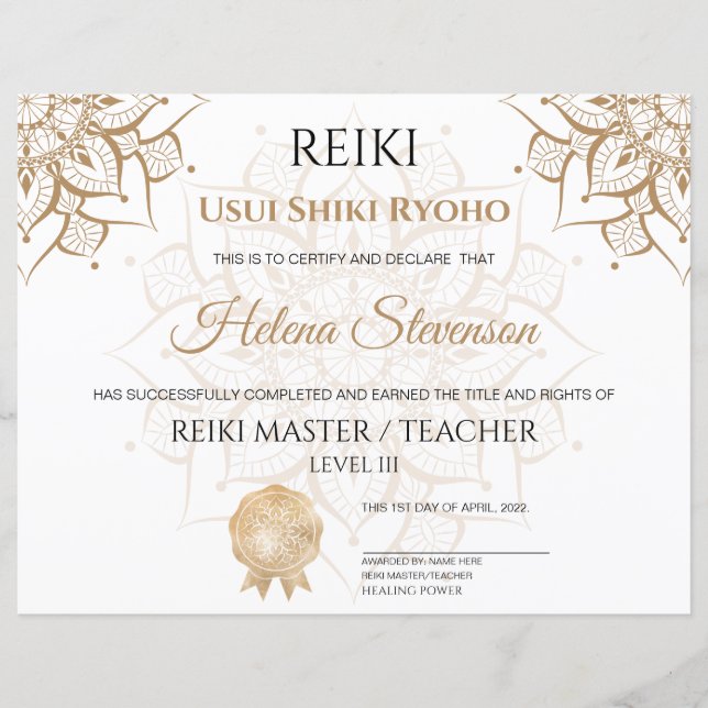 Certificat d'achèvement de Reiki Yoga (Devant)