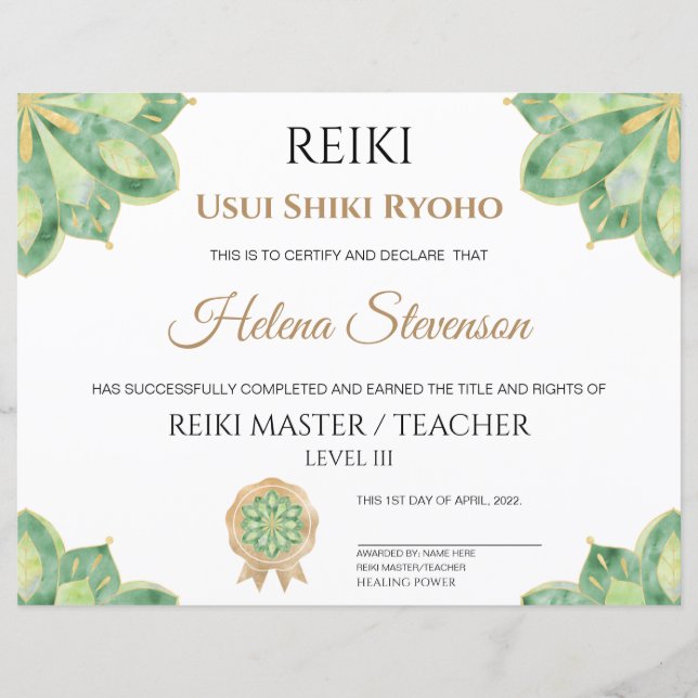 Certificat d'achèvement de Reiki Yoga (Devant)