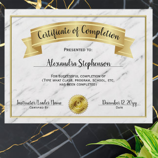Certificat d'achèvement du cours de marbre d'or