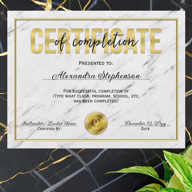 Certificat d'achèvement du cours de marbre d'or (certificate of completion)