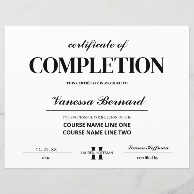 Certificat d'achèvement du cours Prix Monogramme (Devant)