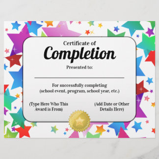 Certificat d'achèvement Étoiles Colorées 21,59 x 2