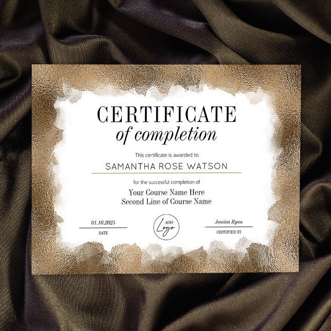 Certificat d'achèvement Gold Parties scintillant S (Elegant gold glitter effect Certificate of Completion professional course award)