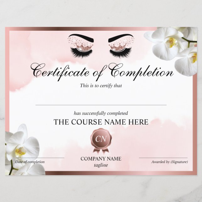 Certificat d'achèvement Lashes Achèvement du cours (Devant)