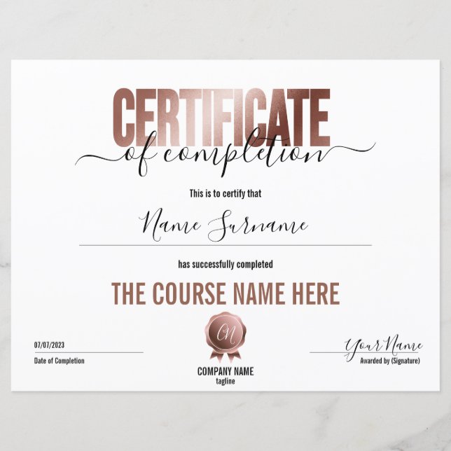 Certificat d'achèvement minimal simple (Devant)