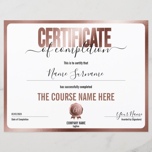 Certificat d'achèvement minimal simple (Devant)