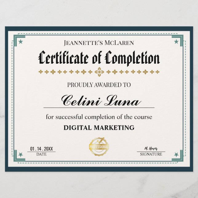 Certificat d'achèvement moderne en noir et or (Devant)