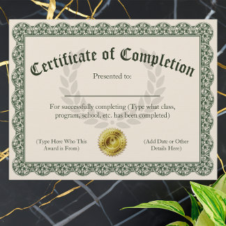 Certificat d'achèvement, personnalisable 8,5 x 11