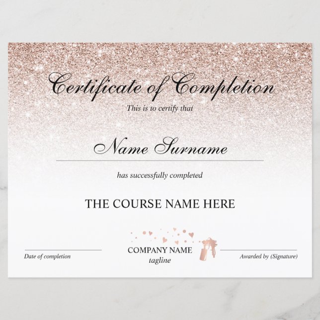 Certificat d'achèvement Prix Spray Tans Cours (Devant)