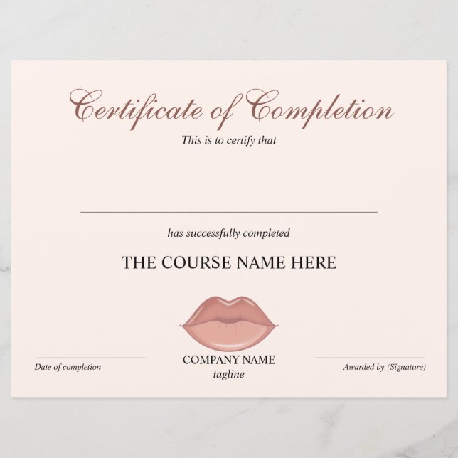 Certificat d'achèvement Récompense cils Cours lèvr (Devant)