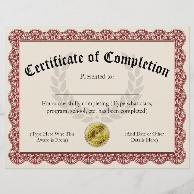 Certificat d'achèvement Red Personnalisable 8,5x11 (Devant)