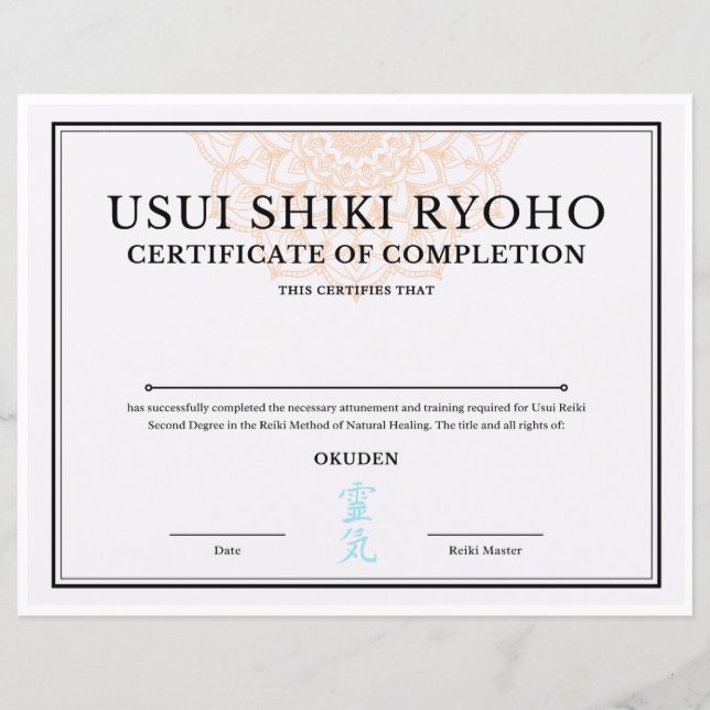 Certificat d'achèvement Reiki (OKUDEN) (Devant)