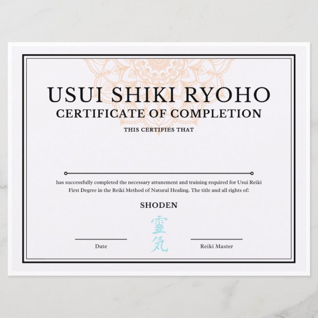 Certificat d'achèvement Reiki (SHODEN) (Devant)
