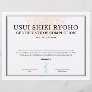 Certificat d'achèvement Reiki (SHODEN)