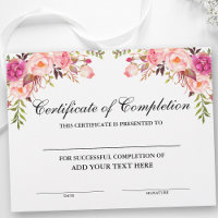Certificat d'achèvement rose floral - Votre texte