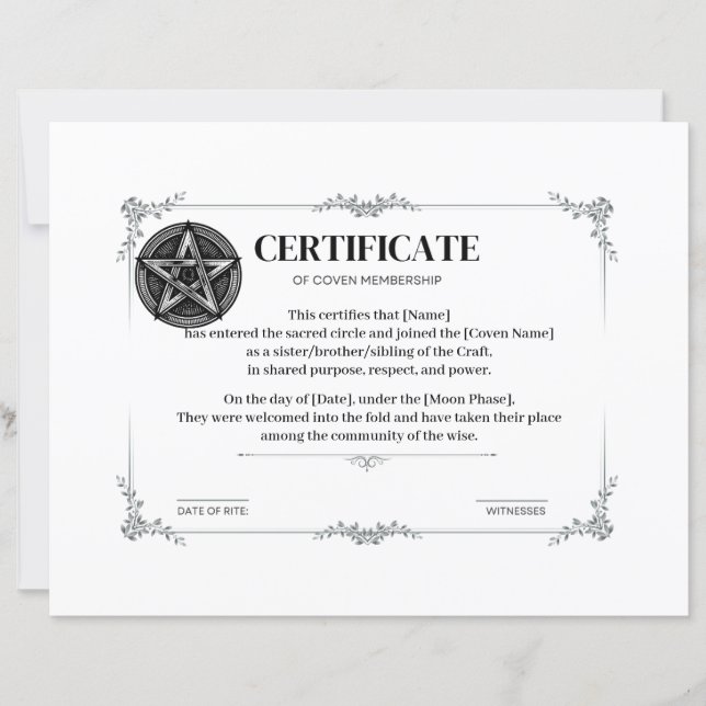 Certificat d'adhésion à Coven (Devant)