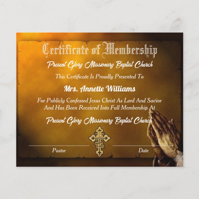Certificat d'adhésion à l'église (Devant)