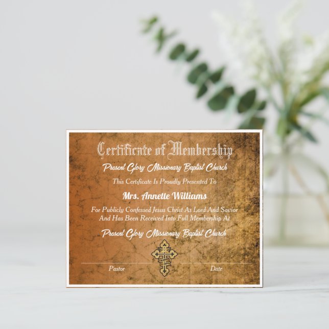 Certificat d'adhésion à l'église (Debout devant)