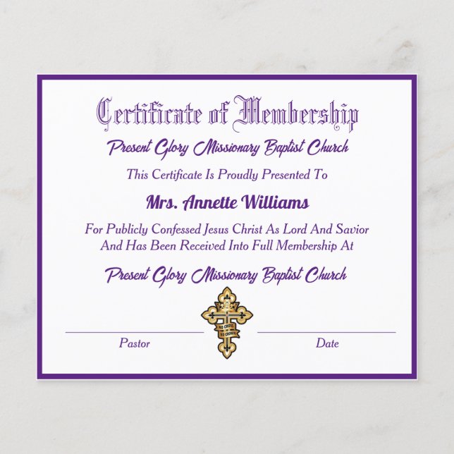 Certificat d'adhésion à l'église (Devant)