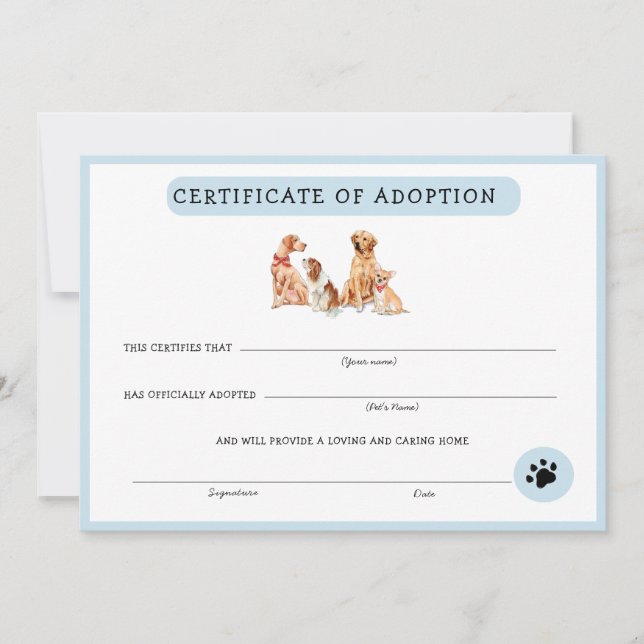 Certificat d'adoption de chiot bleu et blanc (Devant)