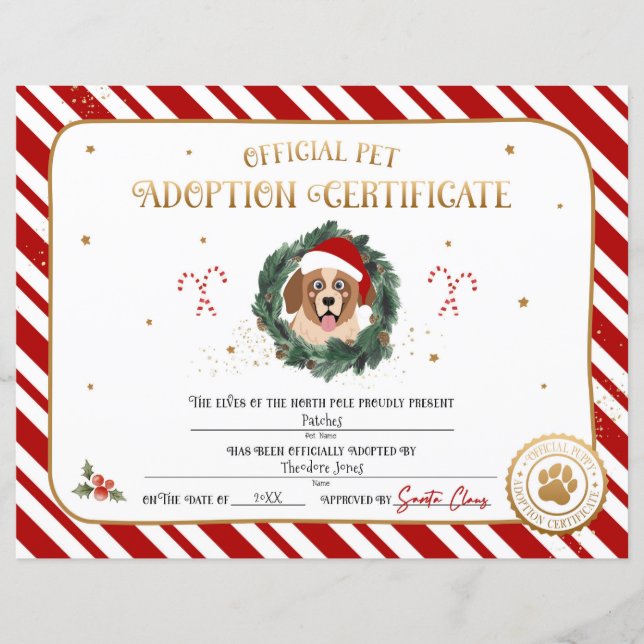 Certificat d'adoption de chiot de Noël personnalis (Devant)