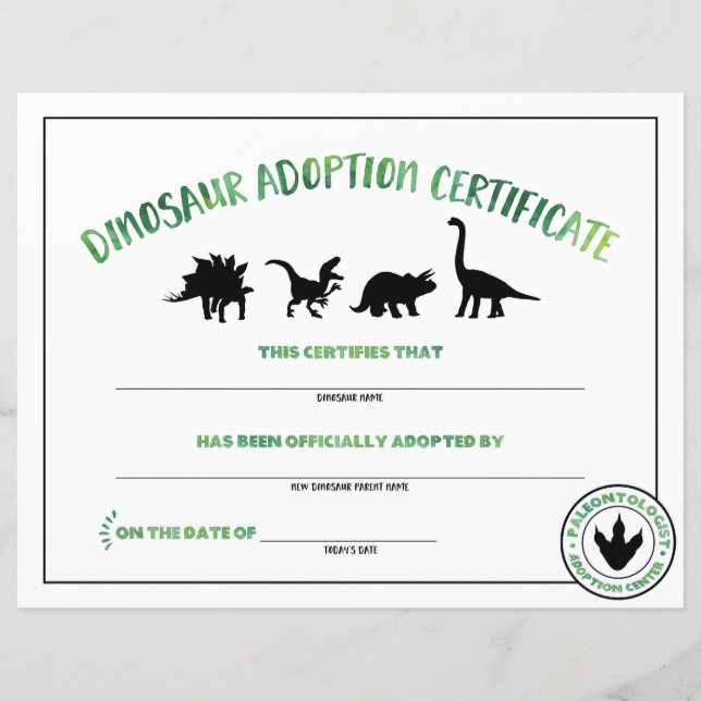 Certificat d'adoption de dinosaure (Devant)