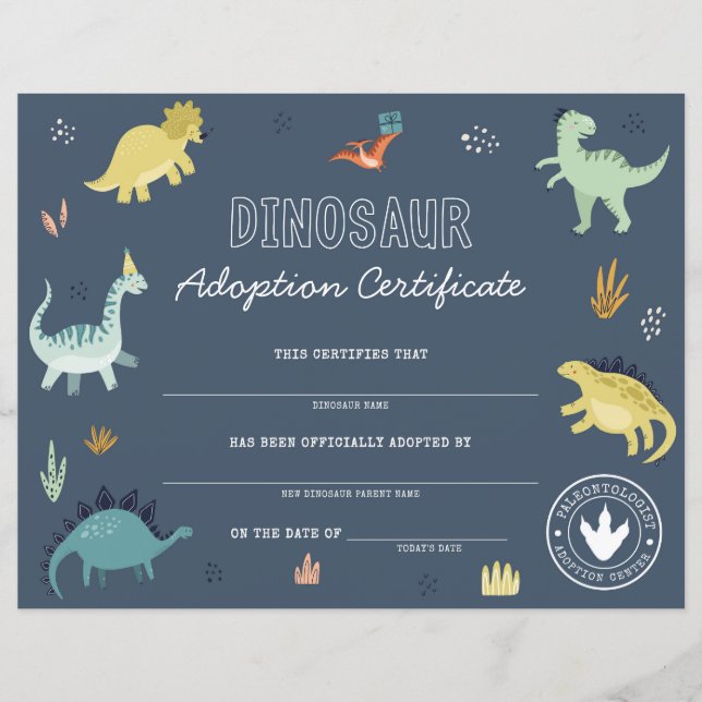 Certificat d'adoption de dinosaure (Devant)