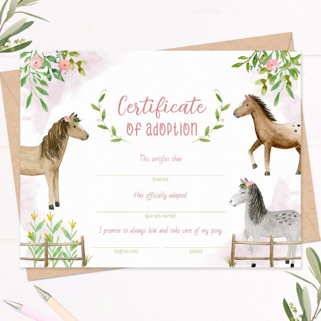 Certificat d'adoption de poney, certificat d'adopt (Créateur téléchargé)