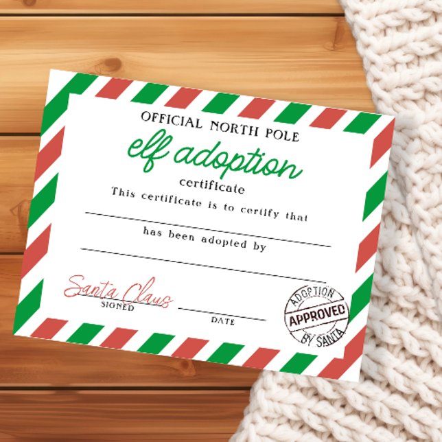 Certificat d'adoption d'elfe signé par le Père Noë (Elf Adoption Certificate Signed by Santa Claus from Ricaso. Official North Pole legal document )