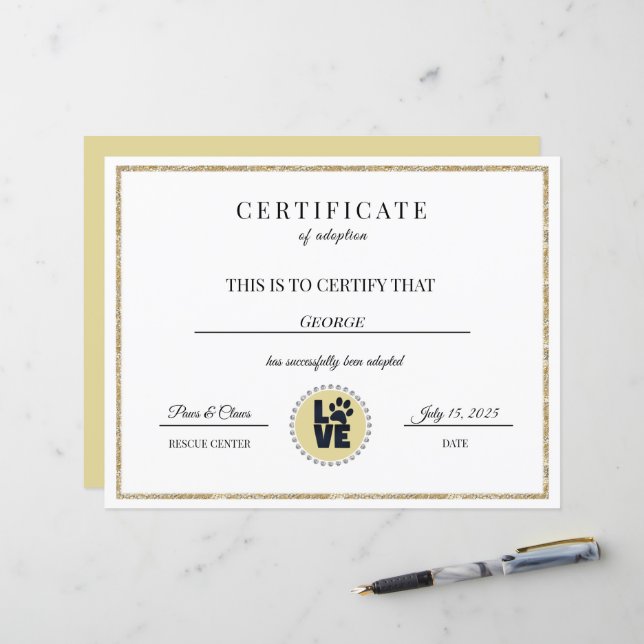 Certificat d'adoption d'un animal (Devant/Arrière en situation)